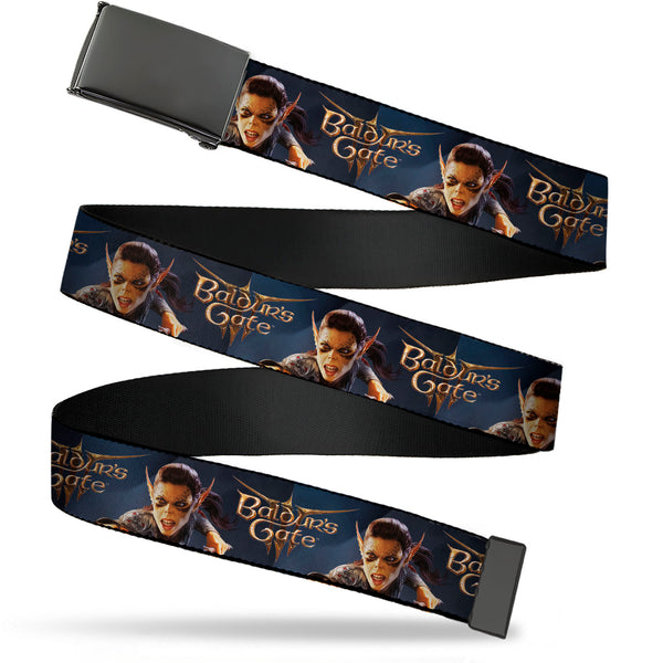 Buckle-Down Web Belt Blank Black Buckle - BALDUR'S GATE III Title Logo and Lae'zel Pose Blues Webbing