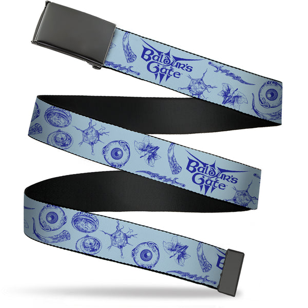 Buckle-Down Web Belt Blank Black Buckle - BALDUR'S GATE III Title Logo and Icons Blues Webbing
