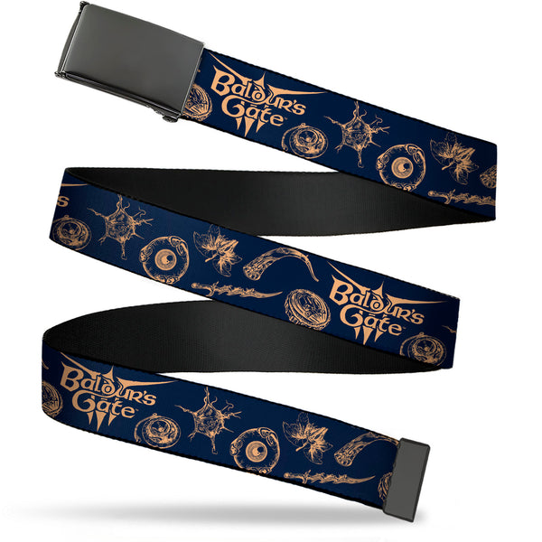 Buckle-Down Web Belt Blank Black Buckle - BALDUR'S GATE III Title Logo and Icons Blue/Tan Webbing