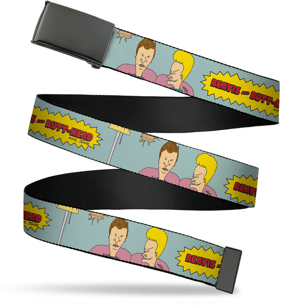 Buckle-Down Web Belt Blank Black Buckle - BEAVIS AND BUTT-HEAD Couch Pose and Title Logo Light Blue Webbing