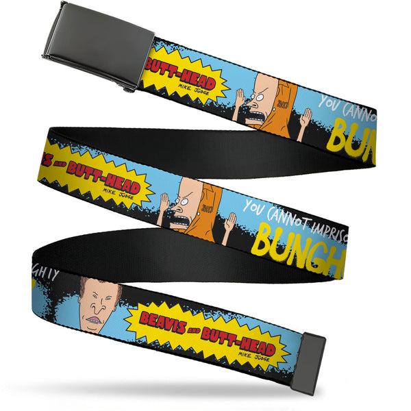Buckle-Down Web Belt Blank Black Buckle - BEAVIS AND BUTT-HEAD THE ALMIGHTY BUNGHOLE Pose and Title Logo Black/Blue Webbing