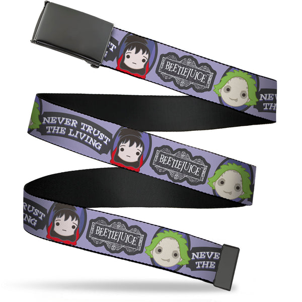 Buckle-Down Web Belt Blank Black Buckle - BEETLEJUICE Chibi Beetlejuice and Lydia NEVER TRUST THE LIVING Gray Webbing