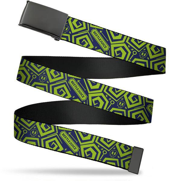 Buckle-Down Web Belt Blank Black Buckle - Beetlejuice Title and Icons Collage Blue/Green Webbing