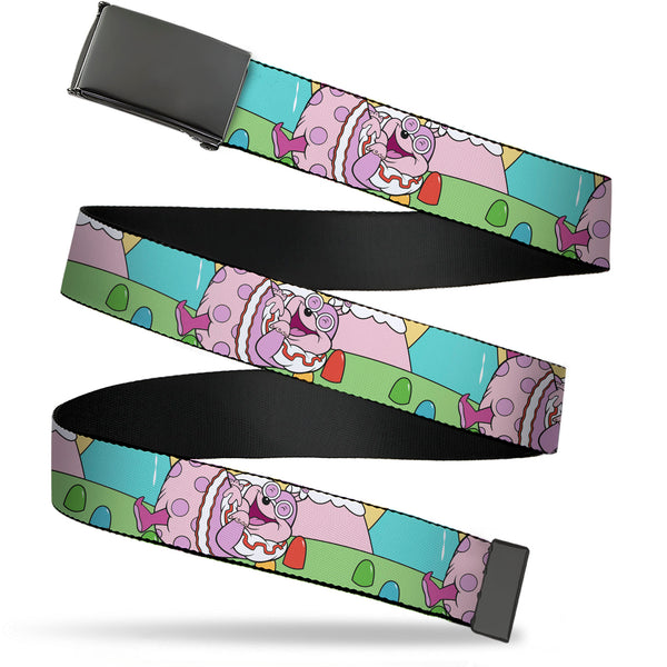 Buckle-Down Web Belt Blank Black Buckle - Candy Land Jolly Laughing Pose and Gum Drops Multi Color Webbing