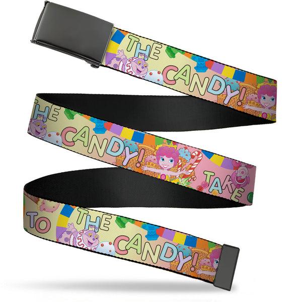 Buckle-Down Web Belt Blank Black Buckle - Candy Land TAKE ME TO THE CANDY Character Collage Multi Color Webbing