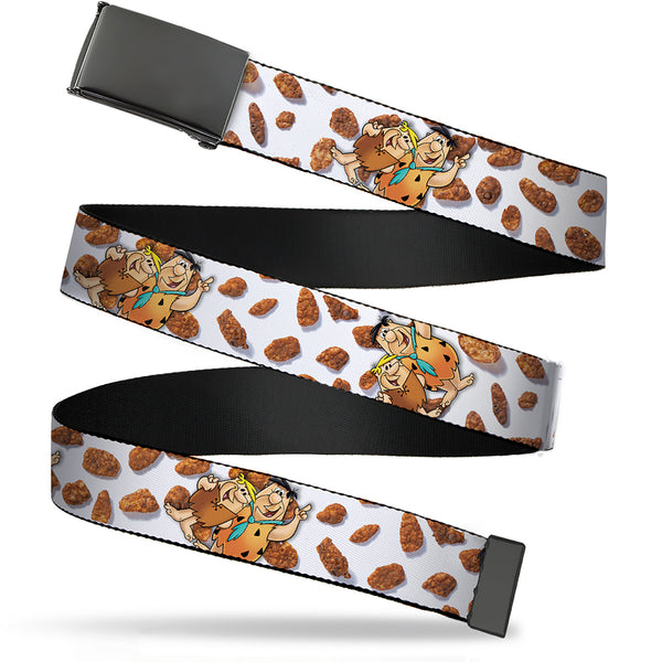 Buckle-Down Web Belt Blank Black Buckle - Cocoa Pebbles Fred Flintstone and Barney Rubble Hugging Pose and Cereal Pebbles Scattered White/Browns Webbing