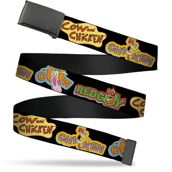 Buckle-Down Web Belt Blank Black Buckle - COW AND CHICKEN Title Logo and Poses with RED GUY Black Webbing