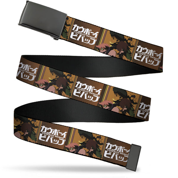 Buckle-Down Web Belt Blank Black Buckle - COWBOY BEBOP Crew Group Pose and Title Logo Blocks Webbing
