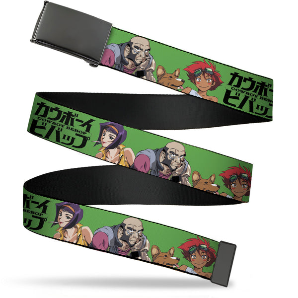 Buckle-Down Web Belt Blank Black Buckle - COWBOY BEBOP Crew Group Pose and Title Logo Green/Black Webbing