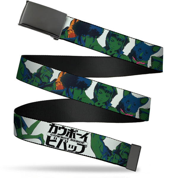 Buckle-Down Web Belt Blank Black Buckle - COWBOY BEBOP Crew Group Pose and Title Logo White/Black/Greens Webbing