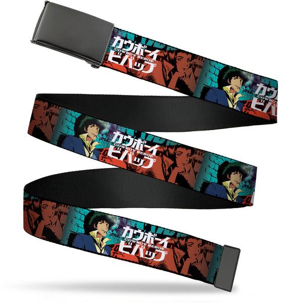 Buckle-Down Web Belt Blank Black Buckle - COWBOY BEBOP Spike and Faye Brick Pose and Title Logo Blues/Reds Webbing