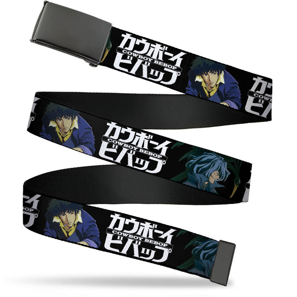 Buckle-Down Web Belt Blank Black Buckle - COWBOY BEBOP Spike and Vicious Pose and Title Logo Black/Blues Webbing