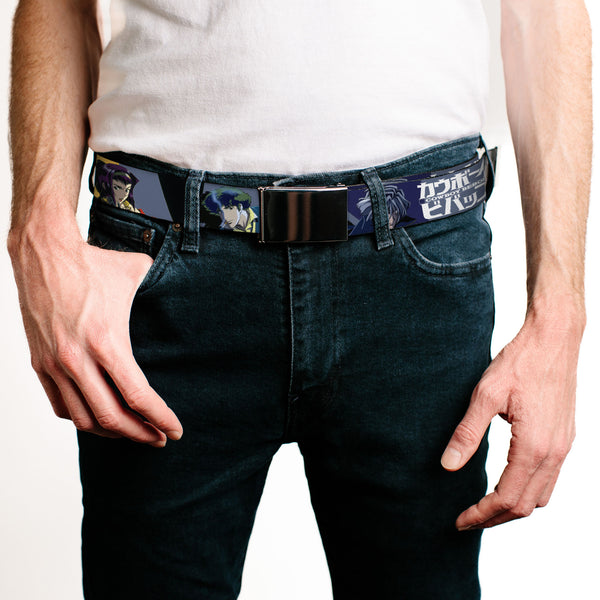 Buckle-Down Web Belt Blank Black Buckle - COWBOY BEBOP Spike Vicious And Faye Pose And Title Logo Blues/Yellow Webbing