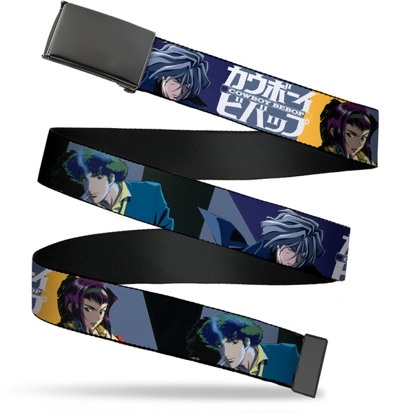 Buckle-Down Web Belt Blank Black Buckle - COWBOY BEBOP Spike Vicious and Faye Pose and Title Logo Blues/Yellow Webbing