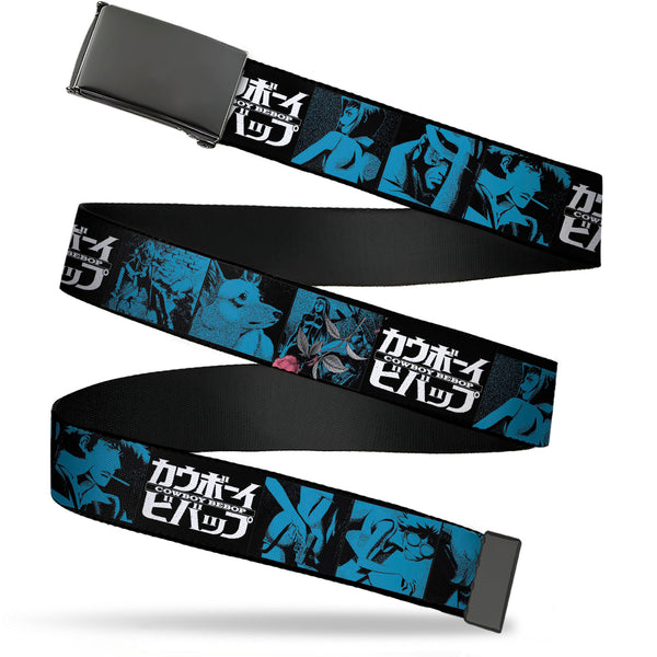 Buckle-Down Web Belt Blank Black Buckle - COWBOY BEBOP Title Logo and Character Blocks Black/Blues Webbing