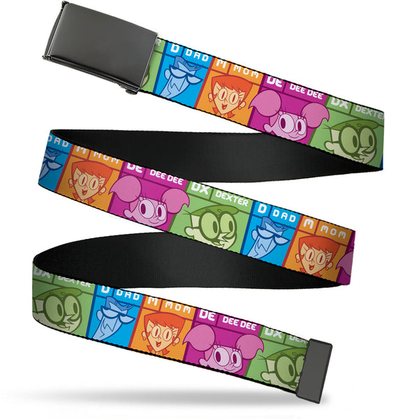 Buckle-Down Web Belt Blank Black Buckle - Dexter's Laboratory Four Character Pose Blocks Multi Color Webbing