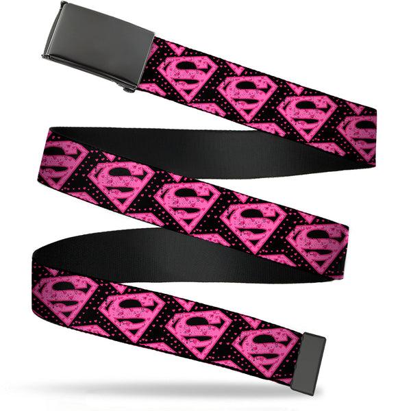 Buckle-Down Web Belt Blank Black Buckle - Diagonal Superman Logo w/Hearts Black/Pink Webbing