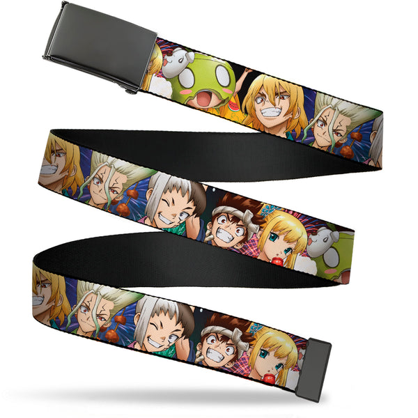 Buckle-Down Web Belt Blank Black Buckle - Dr. Stone Character Group Faces Close-Up Webbing