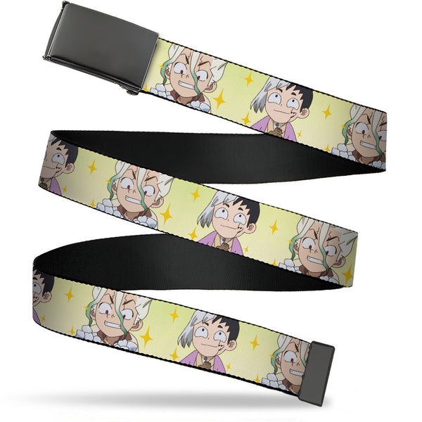 Buckle-Down Web Belt Blank Black Buckle - Dr. Stone Chibi Senku and Gen Faces Stars Yellows Webbing
