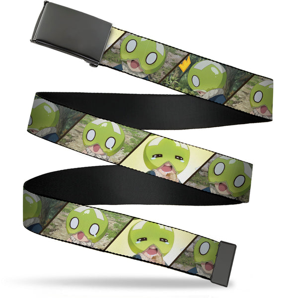 Buckle-Down Web Belt Blank Black Buckle - DR. STONE Title Logo and Suika Pose Blocks Webbing