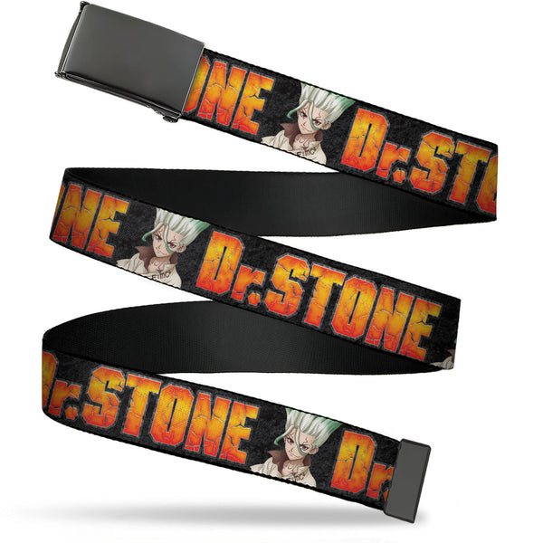 Buckle-Down Web Belt Blank Black Buckle - DR. STONE Title Logo and Senku Ishigami Pose Black Webbing
