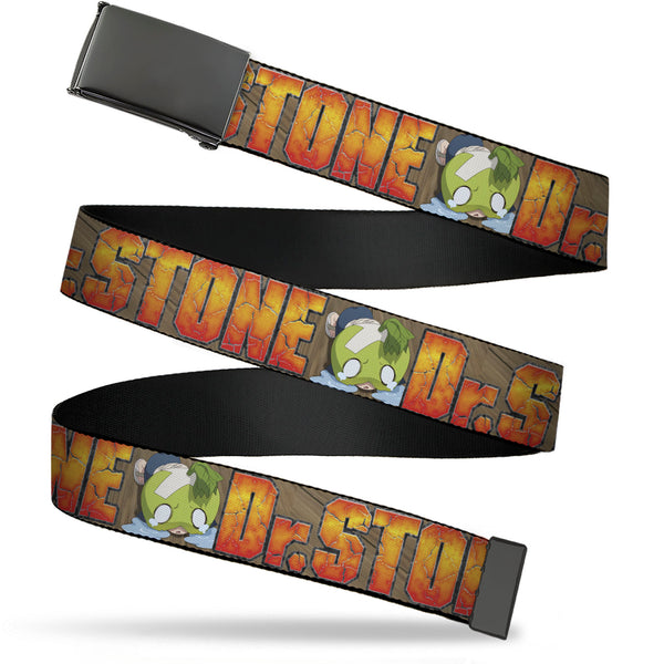 Buckle-Down Web Belt Blank Black Buckle - DR. STONE Title Logo and Suika Crying Pose Browns Webbing