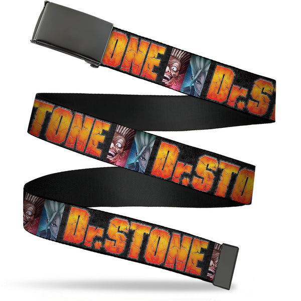 Buckle-Down Web Belt Blank Black Buckle - DR. STONE Title Logo and Ibarra Senku Split Pose Black Webbing