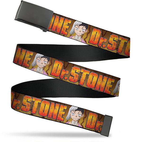Buckle-Down Web Belt Blank Black Buckle - DR. STONE Title Logo and Gen Asagiri Expression Orange Webbing