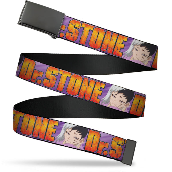 Buckle-Down Web Belt Blank Black Buckle - DR. STONE Title Logo and Gen Asagiri Face Purples Webbing
