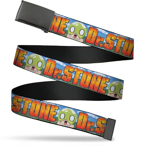 Buckle-Down Web Belt Blank Black Buckle - DR. STONE Title Logo and Suika Surprised Pose Blues Webbing