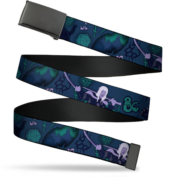 Buckle-Down Web Belt Blank Black Buckle - Dungeons & Dragons Drizzt and Guenhwyvar with Icons Blues/Purples Webbing
