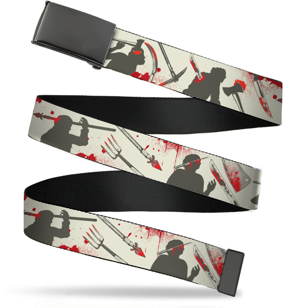 Buckle-Down Web Belt Blank Black Buckle - Friday the 13th Weapons and Character Icons Collage Beige/Gray/Red Webbing