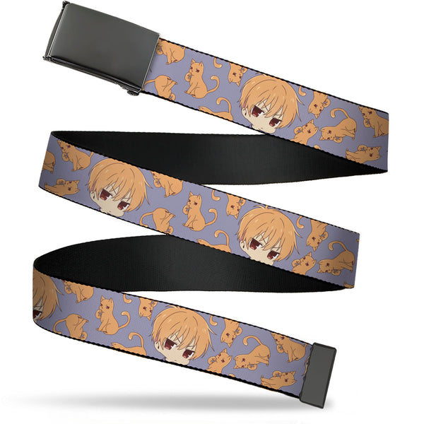 Buckle-Down Web Belt Blank Black Buckle - Fruits Basket Chibi Kyo Soma and Cat Scattered Blue/Orange Webbing