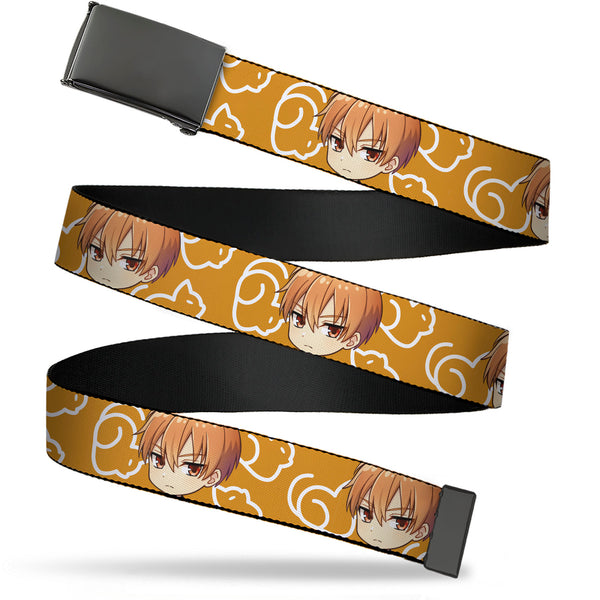 Buckle-Down Web Belt Blank Black Buckle - Fruits Basket Chibi Kyo Soma Face and Kimono Cat Icon Orange/White Webbing