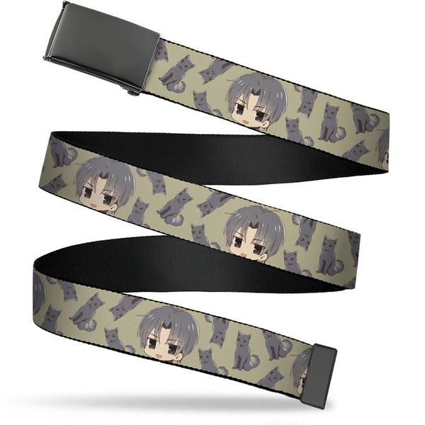Buckle-Down Web Belt Blank Black Buckle - Fruits Basket Chibi Shigure Soma and Dog Scattered Olive/Gray Webbing