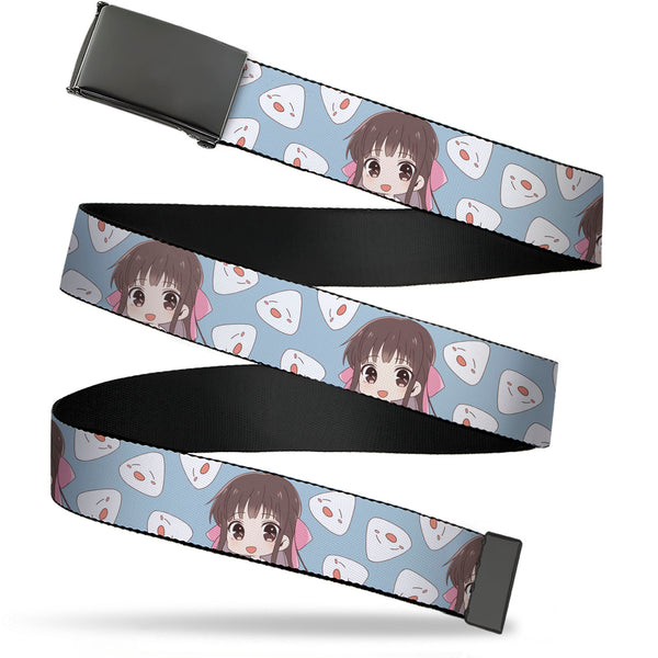 Buckle-Down Web Belt Blank Black Buckle - Fruits Basket Chibi Tohru Honda and Rice Ball Scattered Light Blue Webbing