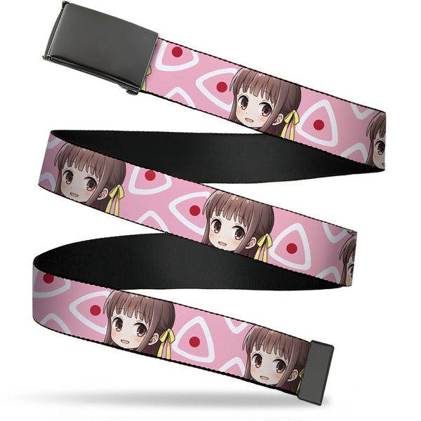 Buckle-Down Web Belt Blank Black Buckle - Fruits Basket Chibi Tohru Honda Face and Kimono Rice Ball Icon Pink/White/Red Webbing