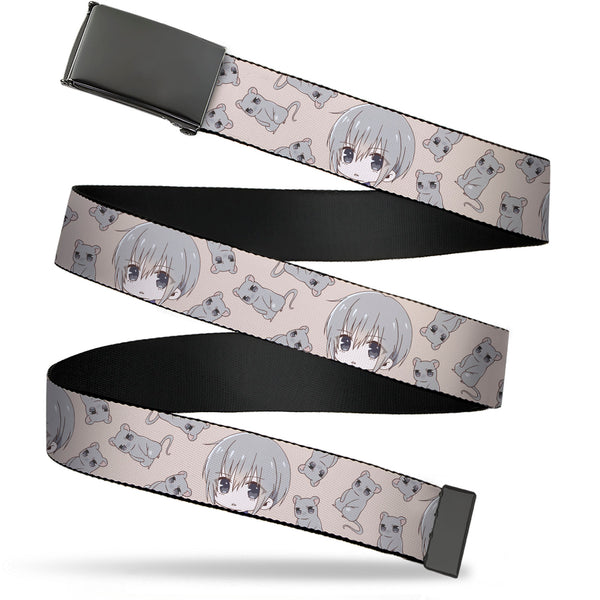 Buckle-Down Web Belt Blank Black Buckle - Fruits Basket Chibi Yuki Soma and Rat Scattered Beige/Gray Webbing