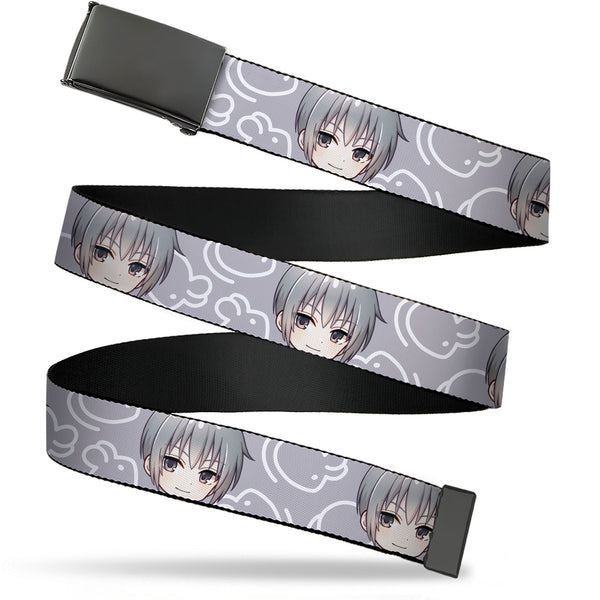 Buckle-Down Web Belt Blank Black Buckle - Fruits Basket Chibi Yuki Soma Face and Kimono Rat Icon Gray/White Webbing