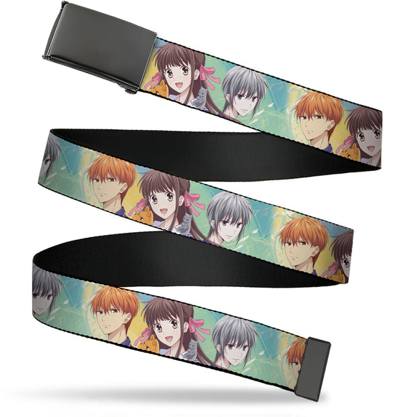 Buckle-Down Web Belt Blank Black Buckle - Fruits Basket Kyo Tohru Yuki Group Pose Greens/Blues Webbing
