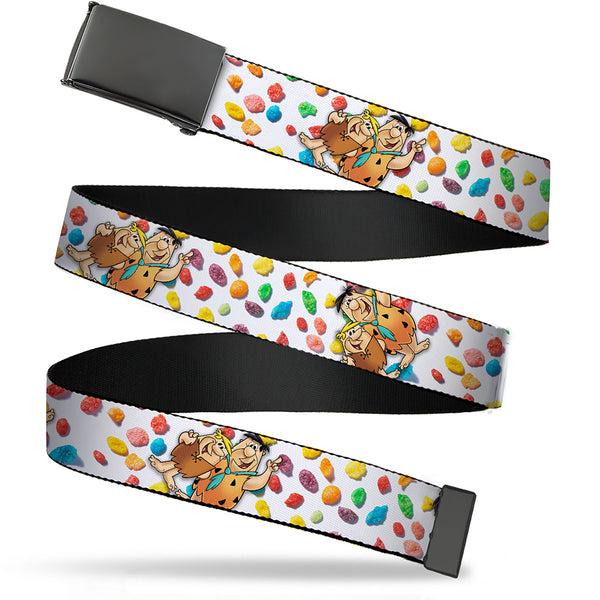 Buckle-Down Web Belt Blank Black Buckle - Fruity Pebbles Fred Flintstone and Barney Rubble Hugging Pose and Cereal Pebbles Scattered White/Multi Color Webbing