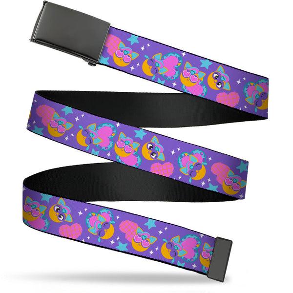 Buckle-Down Web Belt Blank Black Buckle - Fuby Furbmojis and Icons Collage Purple/Blues/Pinks Webbing