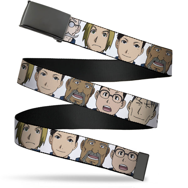 Buckle-Down Web Belt Blank Black Buckle - Fullmetal Alchemist Brotherhood Central Forces Military Personnel Faces White Webbing