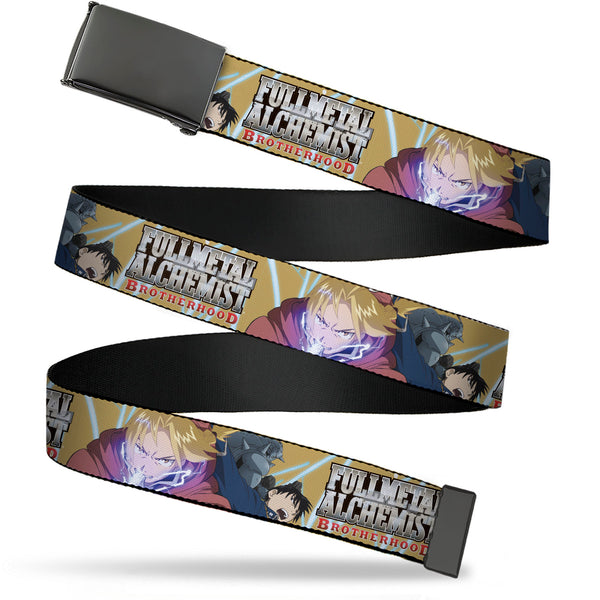 Buckle-Down Web Belt Blank Black Buckle - Fullmetal Alchemist Brotherhood Elric Brothers and Roy Mustang Pose Yellows Webbing