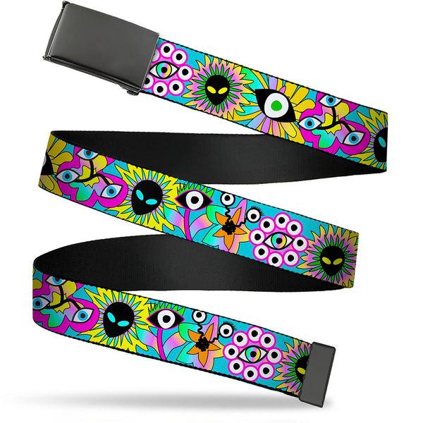 Buckle-Down Web Belt Blank Black Buckle - Funky Alien Flowers Aqua Blue/Multi Color Webbing