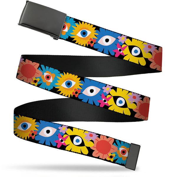 Buckle-Down Web Belt Blank Black Buckle - Funky Eye Flowers Black/Multi Color Webbing