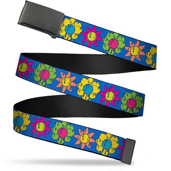 Buckle-Down Web Belt Blank Black Buckle - Funky Flower Drip Blue/Multi Color Webbing