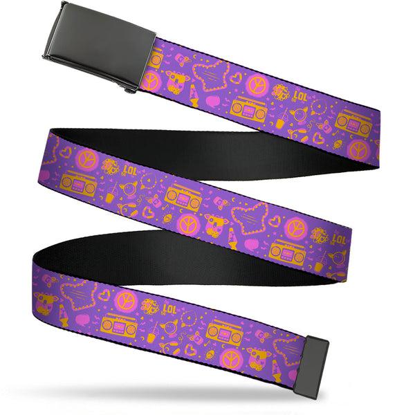 Buckle-Down Web Belt Blank Black Buckle - Furby Icons Collage Purples/Orange/Pinks Webbing