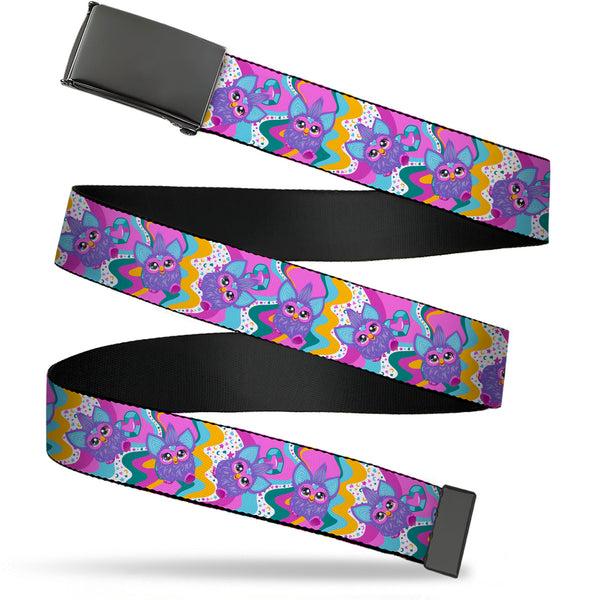 Buckle-Down Web Belt Blank Black Buckle - Furby Purple Dancing Pose Collage Multi Color Webbing