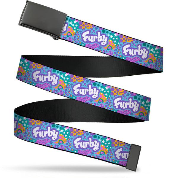 Buckle-Down Web Belt Blank Black Buckle - FURBY Title Logo and Fur Prints Collage Multi Color/White Webbing